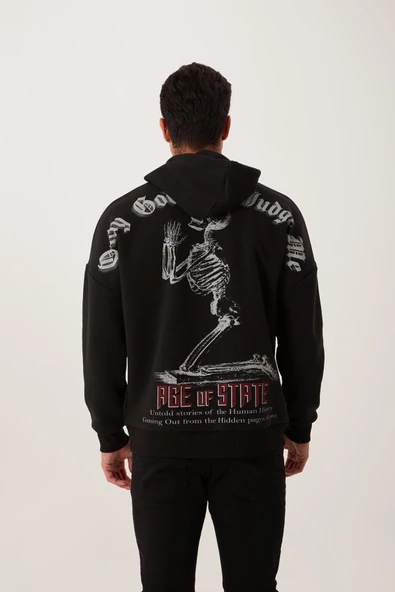 Erkek 3 İplik Pamuklu İçi Polarlı Ön Arka Baskılı Oversize Kapüşonlu Siyah Sweatshirt - 8