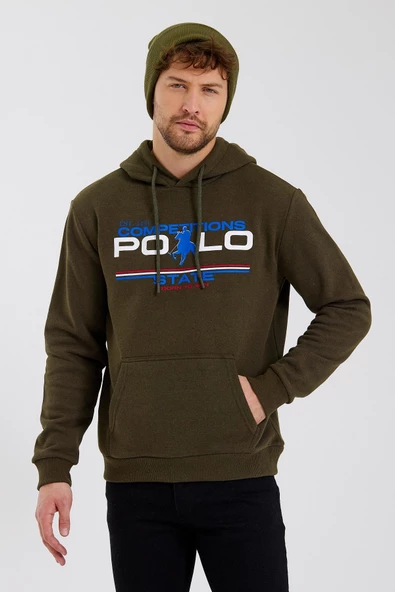 Erkek Kapüşonlu Baskılı 3 İplik Sweatshirt Haki - 12