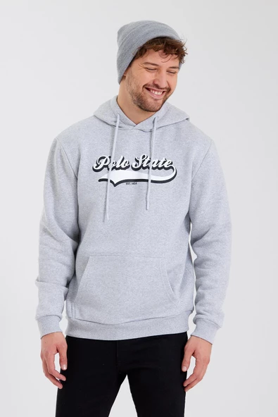 Erkek 3 İplik Pamuklu İçi Polarlı Baskılı Regular Fit Kapüşonlu Kanguru Cepli Gri Sweatshirt - 11