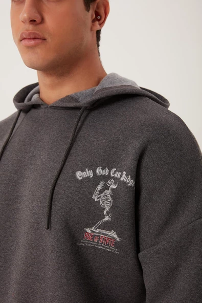 Erkek 3 İplik Pamuklu İçi Polarlı Ön Arka Baskılı Oversize Kapüşonlu Antrasit Sweatshirt - 6