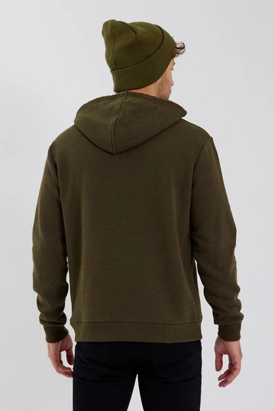 Erkek Kapüşonlu Baskılı 3 İplik Sweatshirt Haki - 10