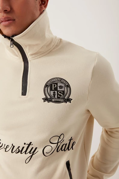 Erkek Relax Fit 3 İplik Rahat Kesim Pamuklu İçi Polarlı Yarım Fermuarlı Dik Yaka Ekru Sweatshirt - 6