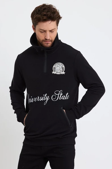 Erkek Relax Fit 3 İplik Rahat Kesim Pamuklu İçi Polarlı Yarım Fermuarlı Dik Yaka Siyah Sweatshirt - 9