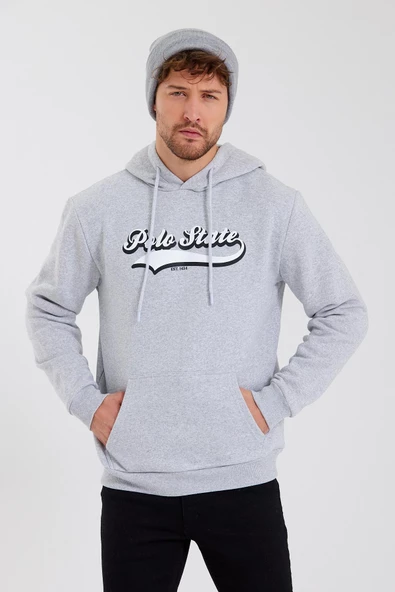 Erkek Baskılı Kapüşonlu 3 İplik Sweatshirt Gri