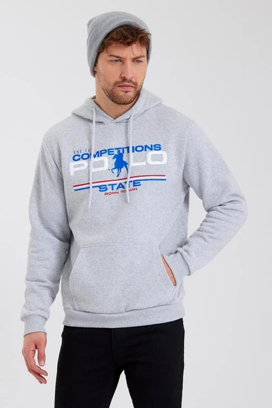 Erkek Kapüşonlu Baskılı 3 İplik Sweatshirt Gri - Resim 2