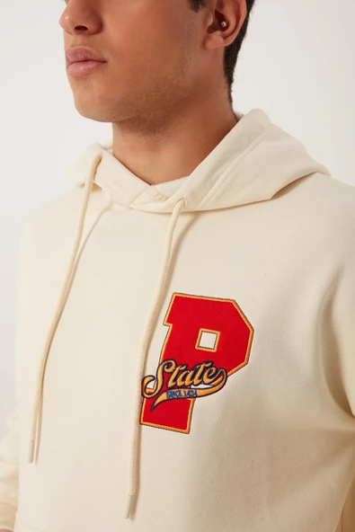 Erkek 3 İplik Pamuklu İçi Polarlı Oversize Nakışlı Kapüşonlu Kanguru Cepli Ekru Sweatshirt - 2