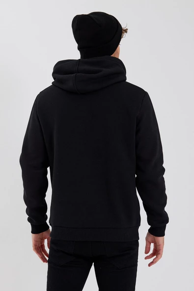 Erkek Kapüşonlu Baskılı 3 İplik Sweatshirt Siyah - 5