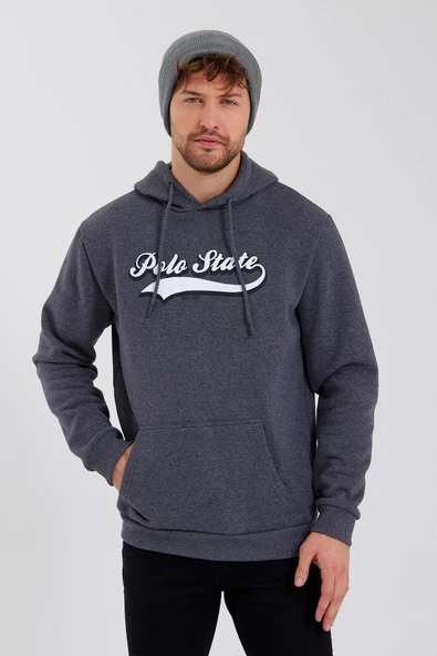 Erkek 3 İplik Pamuklu İçi Polarlı Baskılı Regular Fit Kapüşonlu Kanguru Cepli Antrasit Sweatshirt
