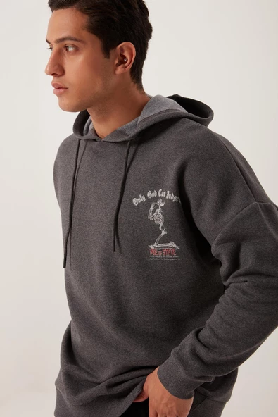 Erkek 3 İplik Pamuklu İçi Polarlı Ön Arka Baskılı Oversize Kapüşonlu Antrasit Sweatshirt - 8