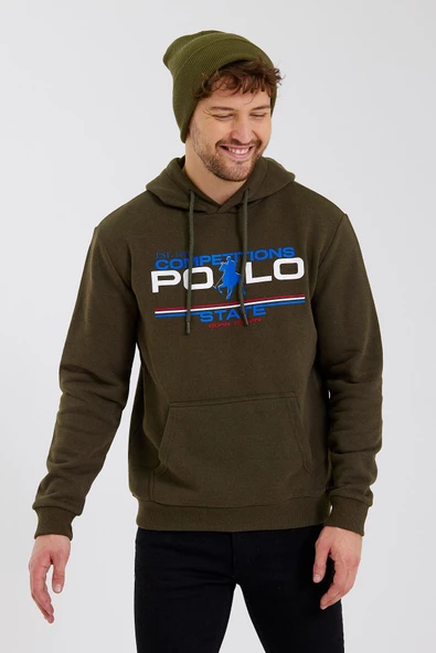Erkek Kapüşonlu Baskılı 3 İplik Sweatshirt Haki - 3