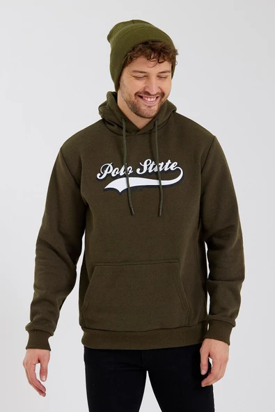 Erkek 3 İplik Pamuklu İçi Polarlı Baskılı Regular Fit Kapüşonlu Kanguru Cepli Haki Sweatshirt - Resim 3