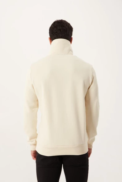 Erkek Relax Fit 3 İplik Rahat Kesim Pamuklu İçi Polarlı Yarım Fermuarlı Dik Yaka Ekru Sweatshirt - 12