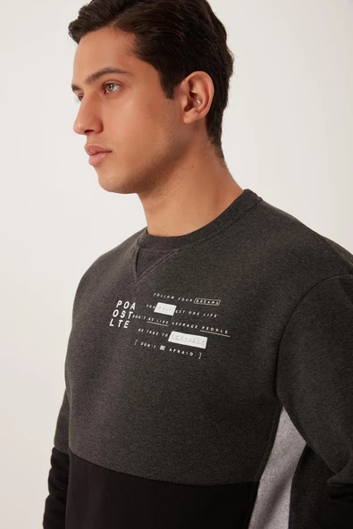 Erkek 3 İplik Pamuklu İçi Polarlı Baskılı 3 renkli Basic Bisiklet Yaka Siyah Sweatshirt - 7