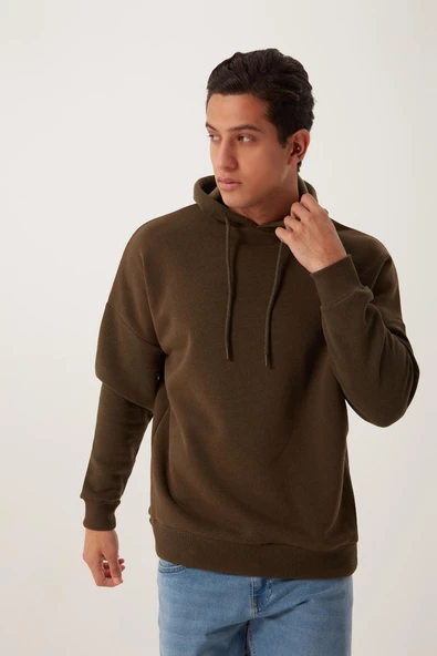 Erkek 3 İplik Pamuklu İçi Polarlı Ön Arka Baskılı Oversize Kapüşonlu Haki Sweatshirt - Resim 11