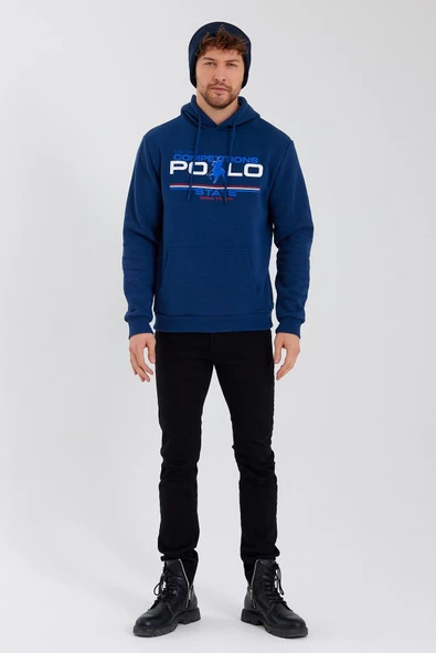 Erkek Kapüşonlu Baskılı 3 İplik Sweatshirt İndigo - Resim 7