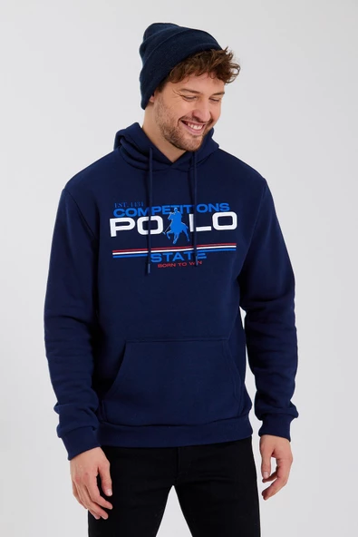 Erkek Kapüşonlu Baskılı 3 İplik Sweatshirt Lacivert - Resim 8