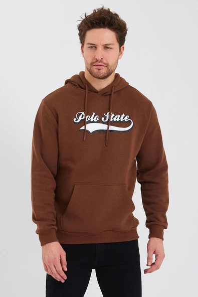 Erkek 3 İplik Pamuklu İçi Polarlı Baskılı Regular Fit Kapüşonlu Kanguru Cepli Kahverengi Sweatshirt - 11