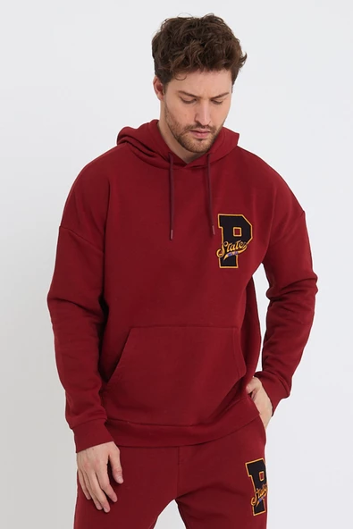 Erkek 3 İplik Pamuklu İçi Polarlı Oversize Nakışlı Kapüşonlu Kanguru Cepli Bordo Sweatshirt - Resim 4