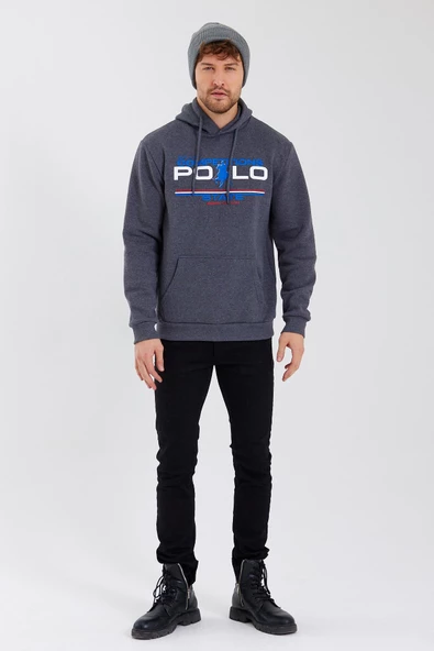 Erkek Kapüşonlu Baskılı 3 İplik Sweatshirt Antrasit - Resim 8