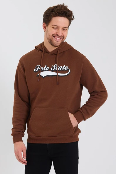 Erkek 3 İplik Pamuklu İçi Polarlı Baskılı Regular Fit Kapüşonlu Kanguru Cepli Kahverengi Sweatshirt - 4