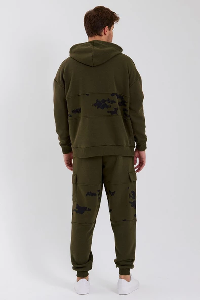 Erkek 3 İplik Pamuklu İçi Polarlı Oversize Göğüs Cepli Kapuşonlu Haki Sweatshirt - Resim 5