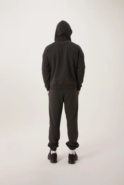 Erkek 3 İplik Pamuklu İçi Polarlı Oversize Nakışlı Kapüşonlu Kanguru Cepli Antrasit Sweatshirt - 12
