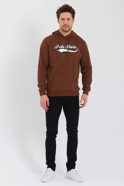 Erkek 3 İplik Pamuklu İçi Polarlı Baskılı Regular Fit Kapüşonlu Kanguru Cepli Kahverengi Sweatshirt - 7
