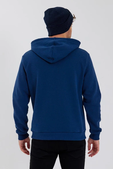 Erkek Kapüşonlu Baskılı 3 İplik Sweatshirt İndigo - Resim 8