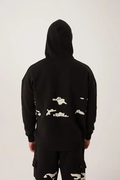 Erkek 3 İplik Pamuklu İçi Polarlı Oversize Göğüs Cepli Kapuşonlu Siyah Sweatshirt - 6