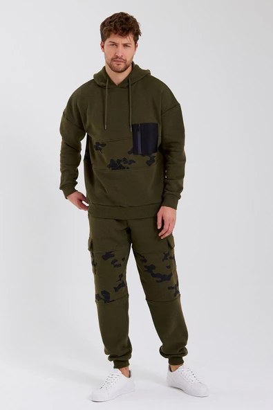 Erkek 3 İplik Pamuklu İçi Polarlı Oversize Göğüs Cepli Kapuşonlu Haki Sweatshirt - Resim 9