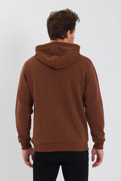 Erkek 3 İplik Pamuklu İçi Polarlı Baskılı Regular Fit Kapüşonlu Kanguru Cepli Kahverengi Sweatshirt - 5