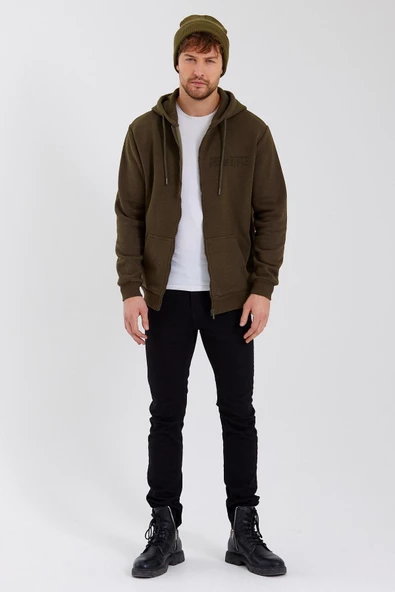 Age Of State Nakışlı Fermuarlı 3 İplik Sweatshirt Haki - Resim 2