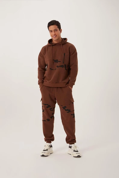 Erkek 3 İplik Pamuklu İçi Polarlı Oversize Göğüs Cepli Kapuşonlu Kahverengi Sweatshirt - 7