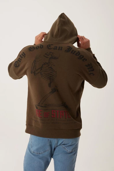 Erkek 3 İplik Pamuklu İçi Polarlı Ön Arka Baskılı Oversize Kapüşonlu Haki Sweatshirt - Resim 5