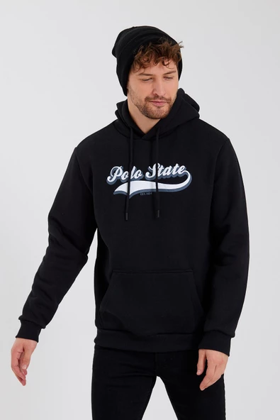 Erkek 3 İplik Pamuklu İçi Polarlı Baskılı Regular Fit Kapüşonlu Kanguru Cepli Siyah Sweatshirt - 11