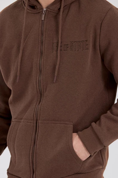 Age Of State Nakışlı Fermuarlı 3 İplik Sweatshirt Kahverengi - 3