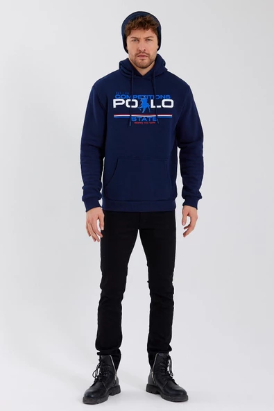 Erkek Kapüşonlu Baskılı 3 İplik Sweatshirt Lacivert - Resim 9