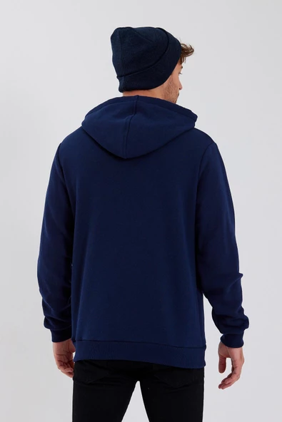 Erkek 3 İplik Pamuklu İçi Polarlı Baskılı Regular Fit Kapüşonlu Kanguru Cepli Lacivert Sweatshirt - 12