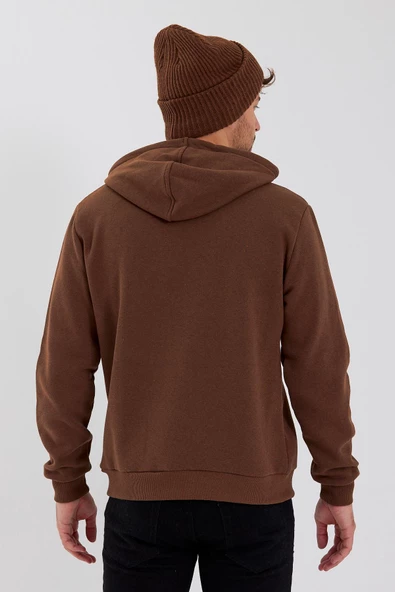 Erkek Kapüşonlu Baskılı 3 İplik Sweatshirt Kahverengi - Resim 8
