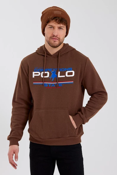 Erkek Kapüşonlu Baskılı 3 İplik Sweatshirt Kahverengi ürün görseli 1