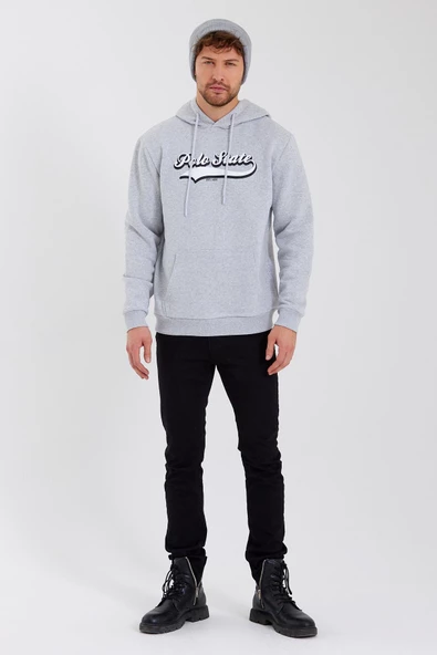 Erkek 3 İplik Pamuklu İçi Polarlı Baskılı Regular Fit Kapüşonlu Kanguru Cepli Gri Sweatshirt - 6