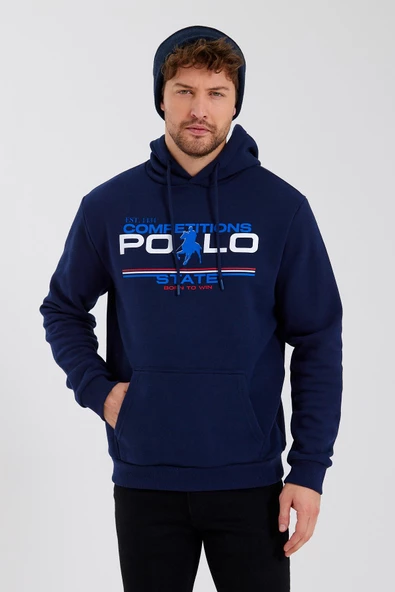 Erkek Kapüşonlu Baskılı 3 İplik Sweatshirt Lacivert - Resim 6