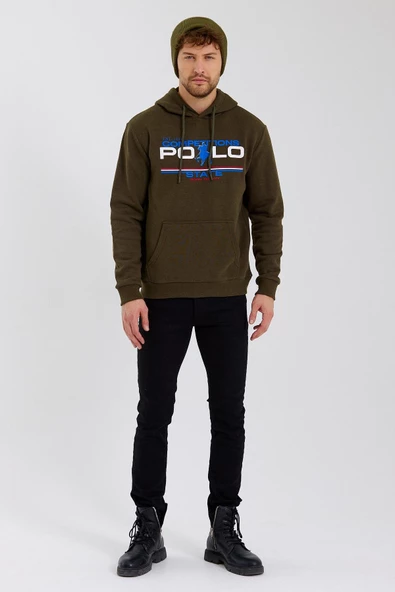 Erkek Kapüşonlu Baskılı 3 İplik Sweatshirt Haki - 4