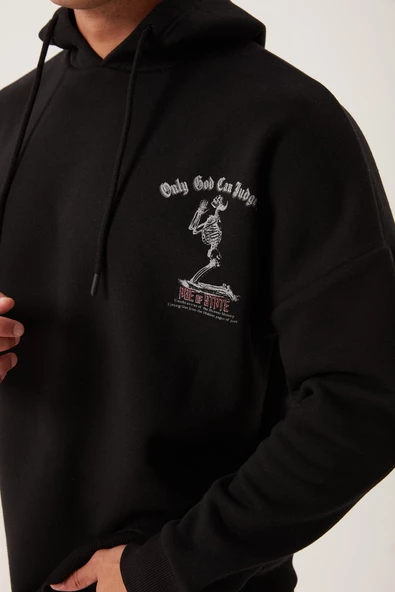 Erkek 3 İplik Pamuklu İçi Polarlı Ön Arka Baskılı Oversize Kapüşonlu Siyah Sweatshirt - 2