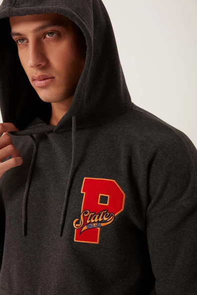 Erkek 3 İplik Pamuklu İçi Polarlı Oversize Nakışlı Kapüşonlu Kanguru Cepli Antrasit Sweatshirt - 2