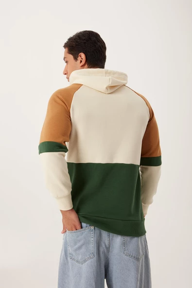 Erkek 3 İplik Pamuklu İçi Polarlı 3 Renkli Oversize Baskılı Kapüşonlu Ekru Sweatshirt - Resim 10