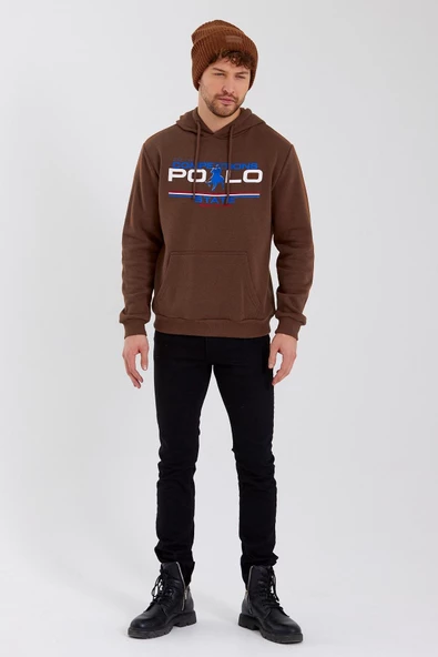 Erkek Kapüşonlu Baskılı 3 İplik Sweatshirt Kahverengi - Resim 11