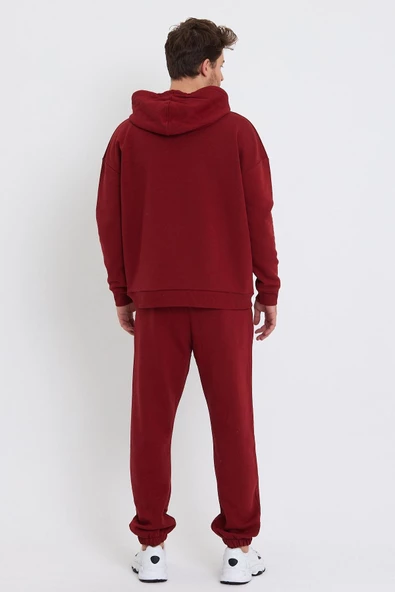 Erkek 3 İplik Pamuklu İçi Polarlı Oversize Nakışlı Kapüşonlu Kanguru Cepli Bordo Sweatshirt - Resim 3