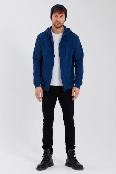 Age Of State Nakışlı Fermuarlı 3 İplik Sweatshirt İndigo - 7