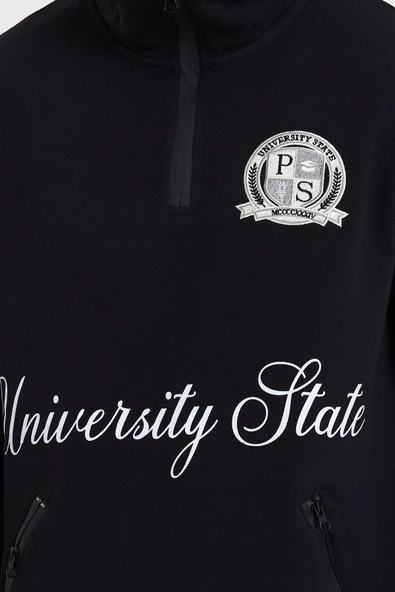 Erkek Relax Fit 3 İplik Rahat Kesim Pamuklu İçi Polarlı Yarım Fermuarlı Dik Yaka Siyah Sweatshirt - 2